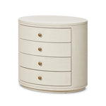 Featuring Amelia Ivory Painted Linen Oval Nightstand by Four Hands at Amethyst Home. Uniquely made from ivory-painted linen, a beautifully curved nightstand shapes four drawers for generous bedside storage.Overall Dimensions: 26.00"w x 20.00"d x 24.00"hWeight : 87.08 lbsMaterials: Painted Linen, Engineered Hardwood. Amethyst Home provides interior design, new home construction design consulting, vintage area rugs, and lighting in the Salt Lake City metro area.