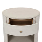 Uniquely made from ivory-painted linen, a beautifully curved nightstand shapes a single drawer and an open cubby for generous bedside storage Amethyst Home provides interior design, new home construction design consulting, vintage area rugs, and lighting in the Washington metro area.