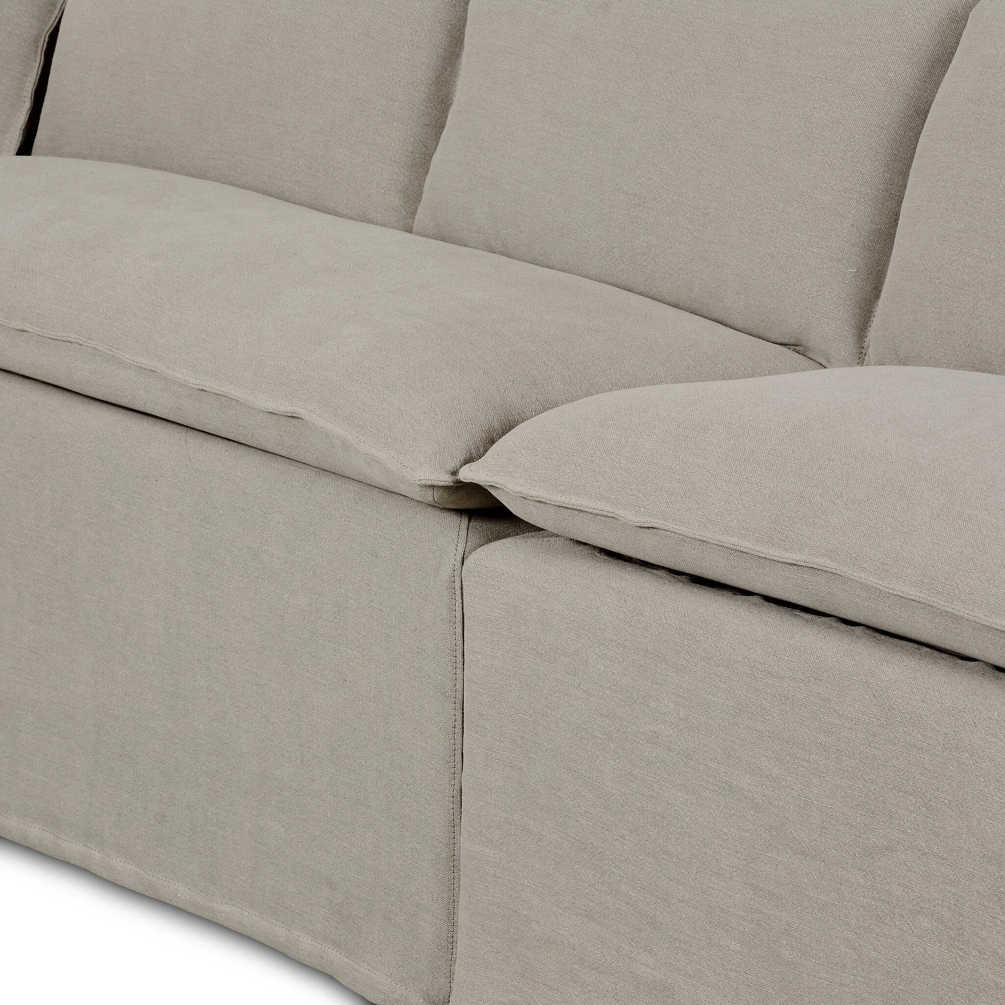 Featuring Andre Broadway Stone  Slipcover Dining Banquette by Four Hands at Amethyst Home. Expertly crafted with a sleek shape and supportive cushioning, the Andre Shape 131" - Broadway Stone sofa adds sophisticated style to any dining space. Available in L shape, this slipcover dining banquette provides maximum comfort and a modern aesthetic. 
Overall Dimensio. Amethyst Home provides interior design, new home construction design consulting, vintage area rugs, and lighting in the Omaha metro area.