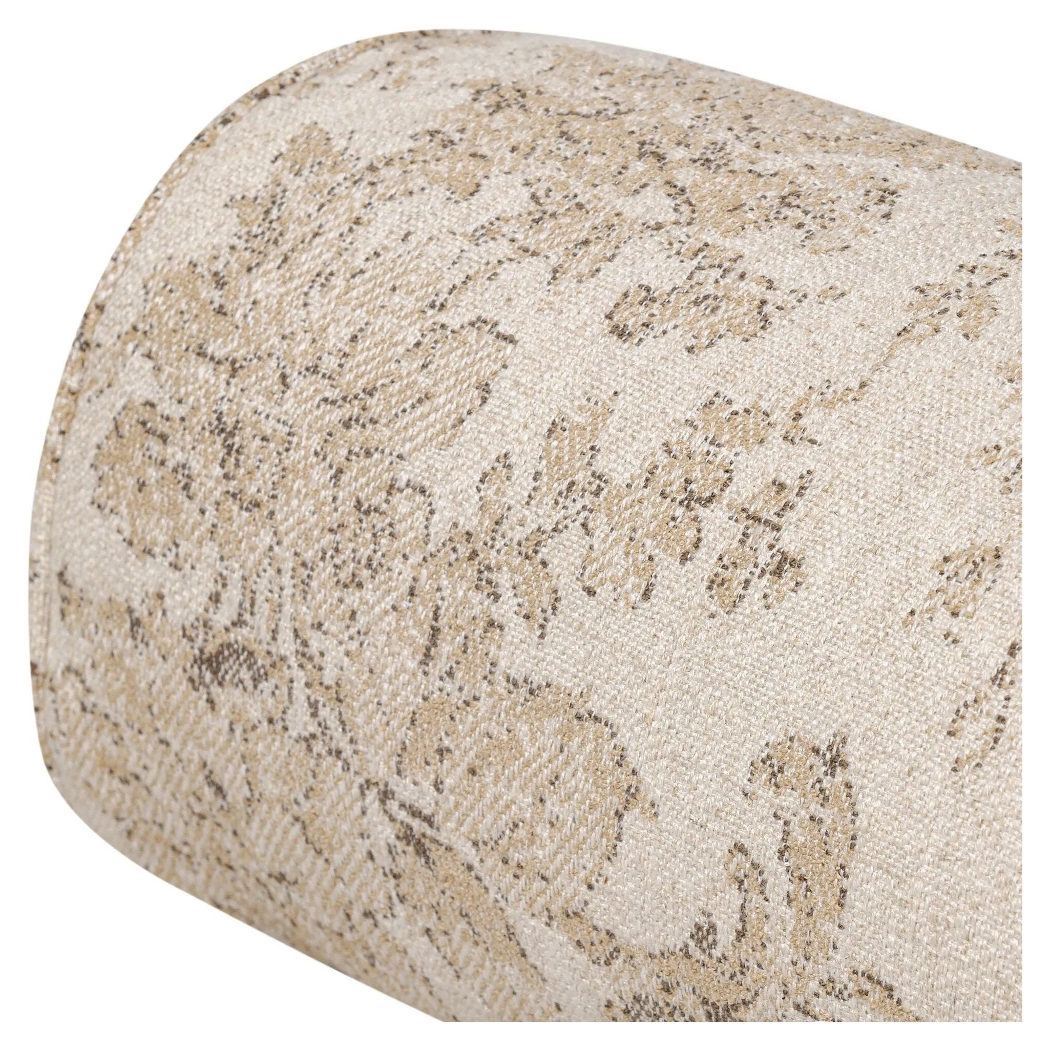Elevate your bedroom styling with a linen-blend bolster pillow featuring a damask pattern Amethyst Home provides interior design, new home construction design consulting, vintage area rugs, and lighting in the Boston metro area.