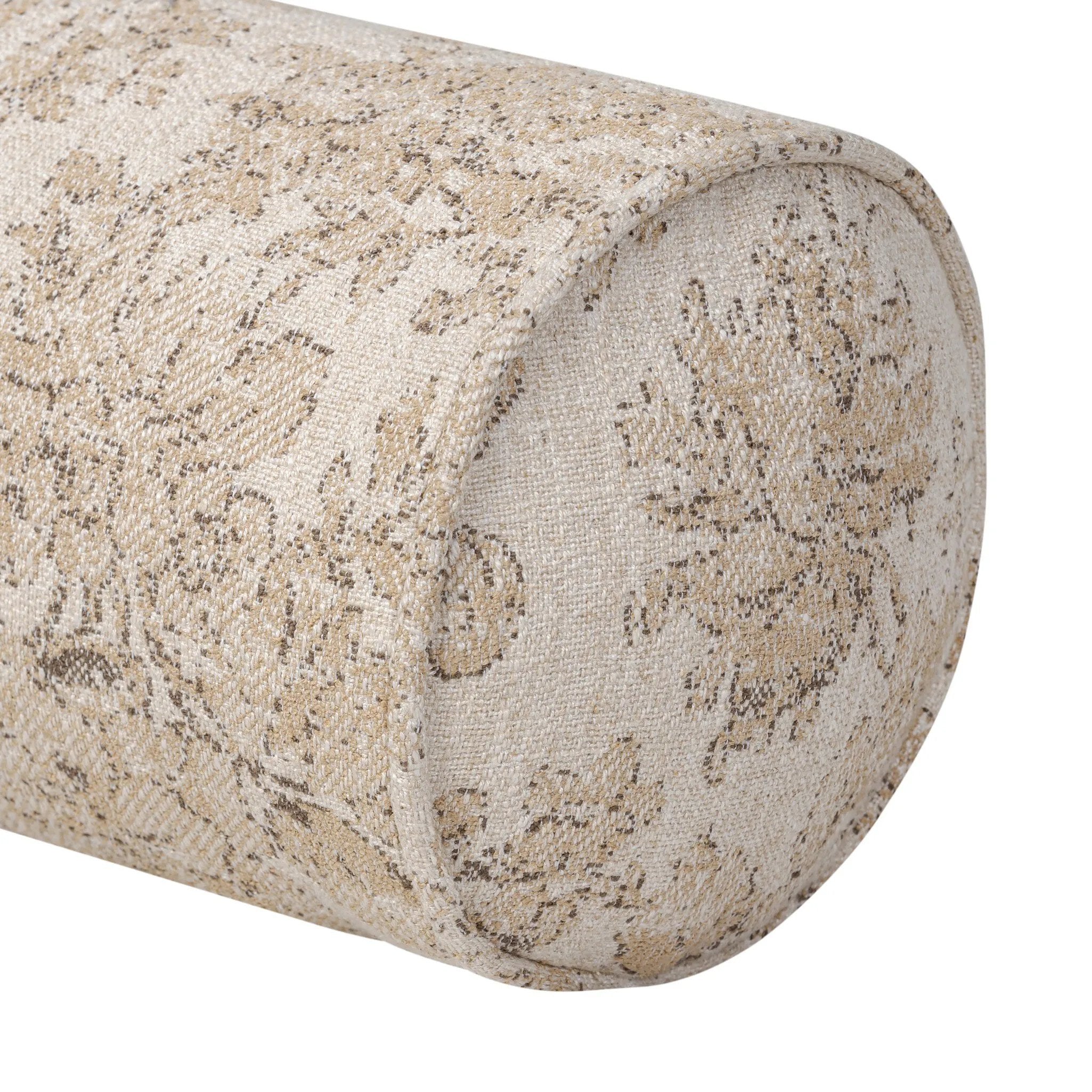 Elevate your bedroom styling with a linen-blend bolster pillow featuring a damask pattern Amethyst Home provides interior design, new home construction design consulting, vintage area rugs, and lighting in the Calabasas metro area.