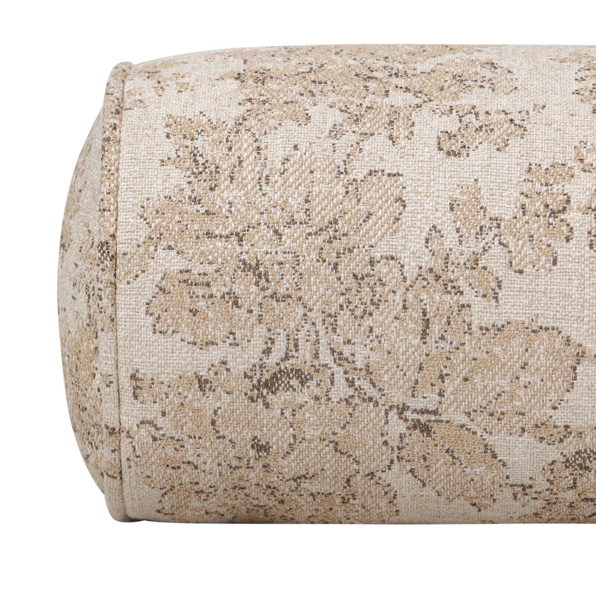 Elevate your bedroom styling with a linen-blend bolster pillow featuring a damask pattern Amethyst Home provides interior design, new home construction design consulting, vintage area rugs, and lighting in the Laguna Beach metro area.