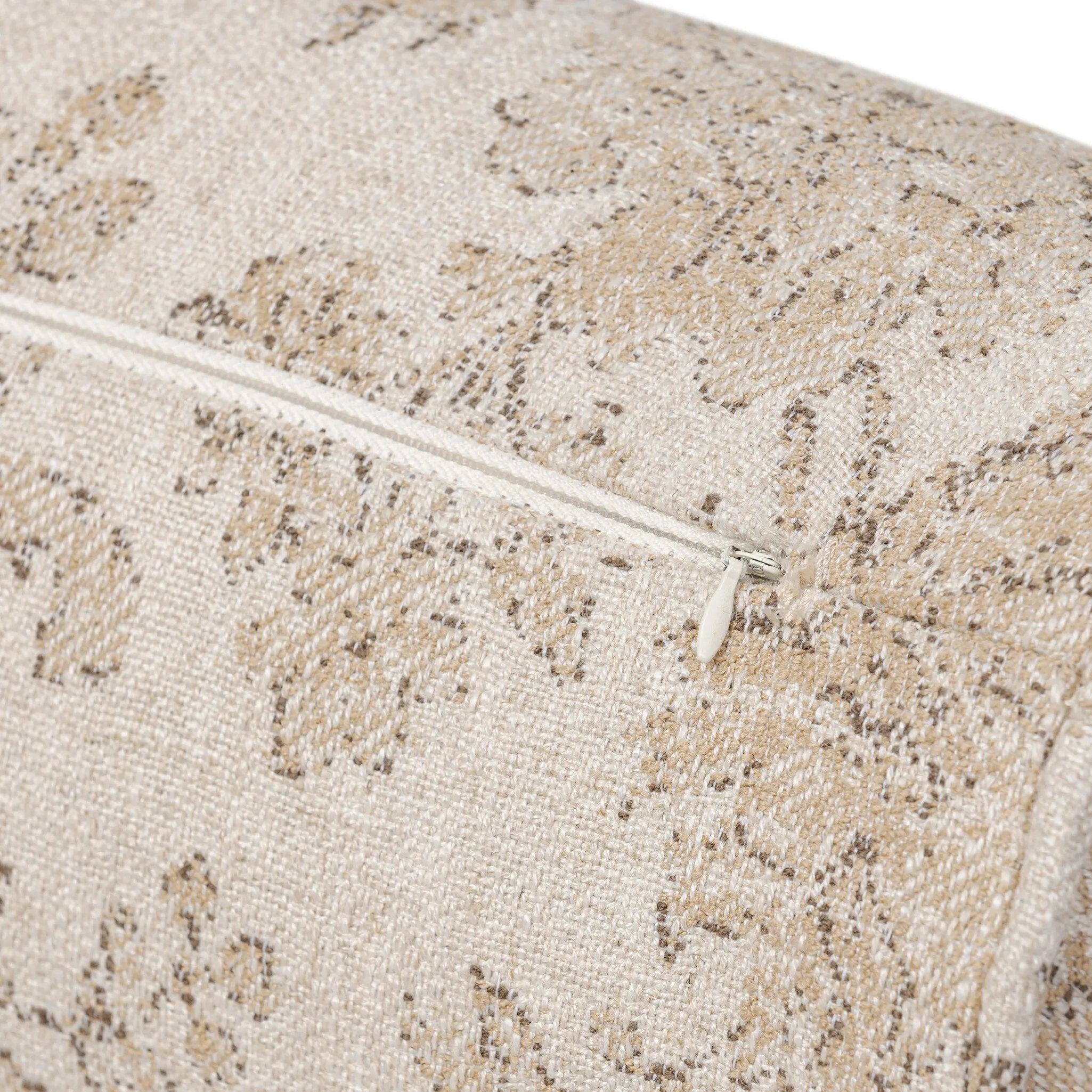 Elevate your bedroom styling with a linen-blend bolster pillow featuring a damask pattern Amethyst Home provides interior design, new home construction design consulting, vintage area rugs, and lighting in the Monterey metro area.