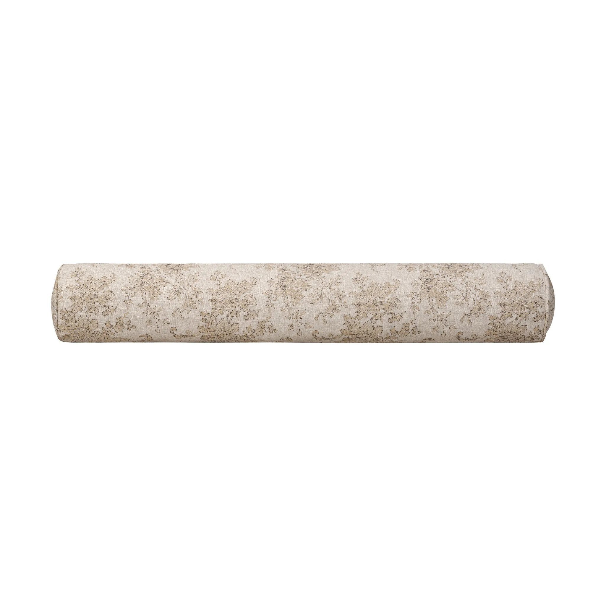 Elevate your bedroom styling with a linen-blend bolster pillow featuring a damask pattern Amethyst Home provides interior design, new home construction design consulting, vintage area rugs, and lighting in the Omaha metro area.