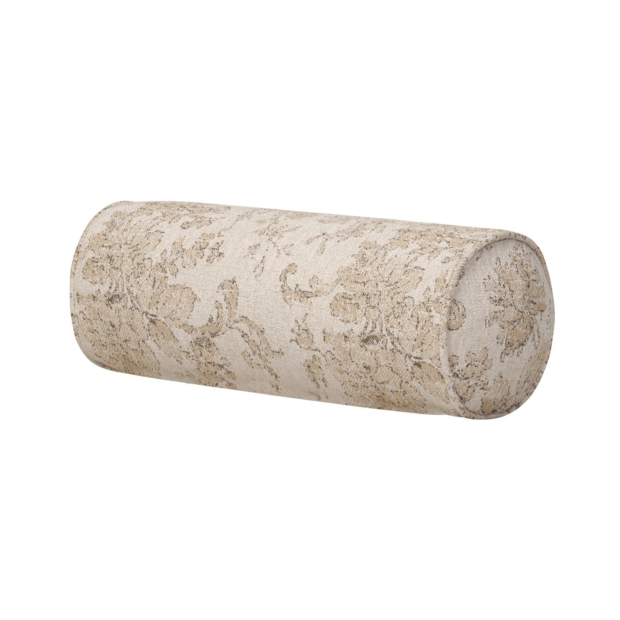 Elevate your bedroom styling with a linen-blend bolster pillow featuring a damask pattern Amethyst Home provides interior design, new home construction design consulting, vintage area rugs, and lighting in the Washington metro area.