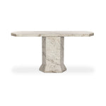 Monolithic and bold, this pedestal-style console table is constructed of precisely cut, creamy brown marble. Angular edges and cut corners bring smooth surface transitions for subtle visual and geometric intrigue Amethyst Home provides interior design, new home construction design consulting, vintage area rugs, and lighting in the Boston metro area.