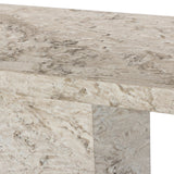 Monolithic and bold, this pedestal-style console table is constructed of precisely cut, creamy brown marble. Angular edges and cut corners bring smooth surface transitions for subtle visual and geometric intrigue Amethyst Home provides interior design, new home construction design consulting, vintage area rugs, and lighting in the Houston metro area.