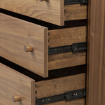 Featuring Arturo Natural Walnut Veneer 9 Drawer Dresser by Four Hands at Amethyst Home. Inspired by campaign-style furniture of the 1800s — packable pieces first designed for traveling military use — a simply shaped dresser of natural walnut features a subtly inset top and rounded legs, finished with wooden hardware. This item has been modified to comply wi. Amethyst Home provides interior design, new home construction design consulting, vintage area rugs, and lighting in the Charlotte metro area.