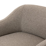 Featuring Audrey Weslie Feather Chair by Four Hands at Amethyst Home. This elevated arm chair features a clean top piece that partially overlaps its bottom counterpart and seamlessly blends the back cushion into the armrests in one fluid form. The seat's legs appear to extend from the seat and back, adding architectural interest. Upholstered in a recycled T. Amethyst Home provides interior design, new home construction design consulting, vintage area rugs, and lighting in the Nashville metro area.