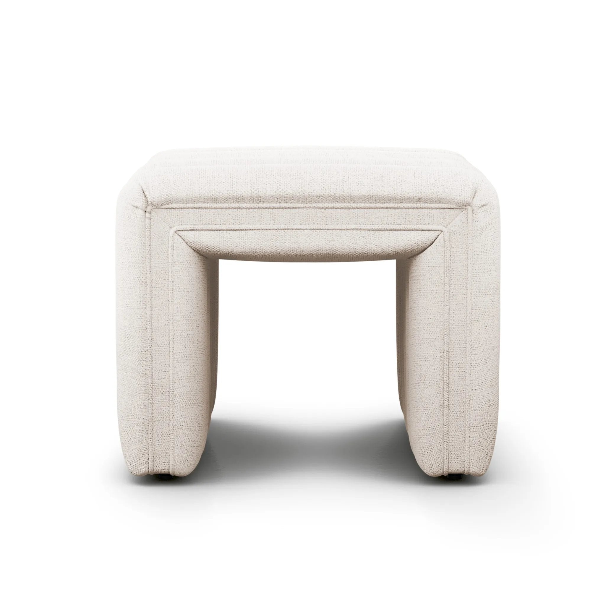 Featuring Augustine Dover Crescent Ottoman by Four Hands at Amethyst Home. Layer in an extra surface or added seating by way of a linen-blend ottoman in a crisp, clean off-white, with dramatic channeling for great texture.Overall Dimensions: 21.50"w x 21.00"d x 18.00"hWeight : 80 lbsMaterials :. Amethyst Home provides interior design, new home construction design consulting, vintage area rugs, and lighting in the Dallas metro area.