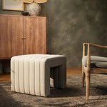 Featuring Augustine Dover Crescent Ottoman by Four Hands at Amethyst Home. Layer in an extra surface or added seating by way of a linen-blend ottoman in a crisp, clean off-white, with dramatic channeling for great texture.Overall Dimensions: 21.50"w x 21.00"d x 18.00"hWeight : 80 lbsMaterials :. Amethyst Home provides interior design, new home construction design consulting, vintage area rugs, and lighting in the Portland metro area.