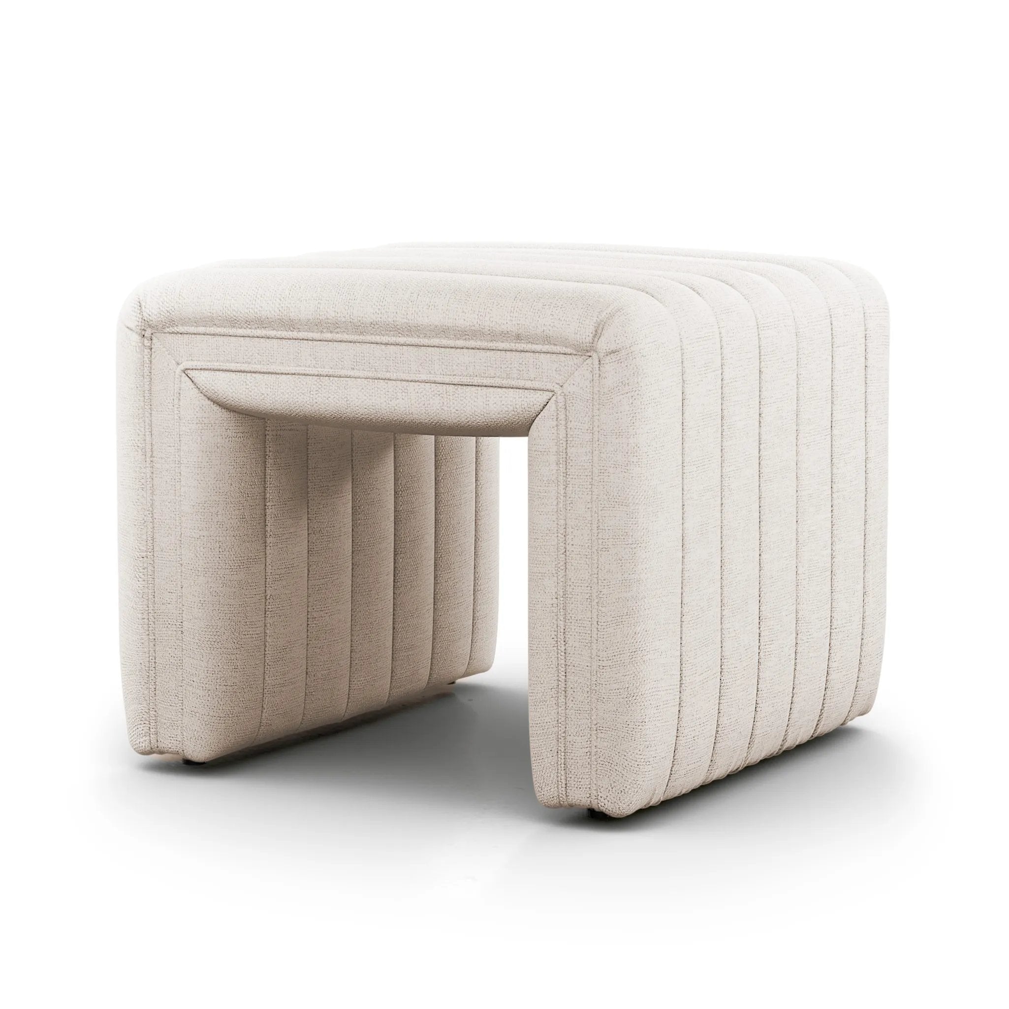 Featuring Augustine Dover Crescent Ottoman by Four Hands at Amethyst Home. Layer in an extra surface or added seating by way of a linen-blend ottoman in a crisp, clean off-white, with dramatic channeling for great texture.Overall Dimensions: 21.50"w x 21.00"d x 18.00"hWeight : 80 lbsMaterials :. Amethyst Home provides interior design, new home construction design consulting, vintage area rugs, and lighting in the San Diego metro area.