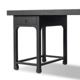 Inspired by Chinese antiques, a spacious desk of aged black oak features a double-leg design, bringing a substantial look to your workspace Amethyst Home provides interior design, new home construction design consulting, vintage area rugs, and lighting in the Kansas City metro area.