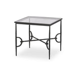A slim frame of hammered gunmetal pairs with tempered glass, for a clean and timeless end table look. Stretchers attach to metal loops for an elevated design detail Amethyst Home provides interior design, new home construction design consulting, vintage area rugs, and lighting in the Omaha metro area.