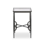 A slim, spare frame of hammered gunmetal pairs with tempered glass, for a clean and timeless end table look. Stretchers attach to metal loops for an elevated design detail Amethyst Home provides interior design, new home construction design consulting, vintage area rugs, and lighting in the Calabasas metro area.