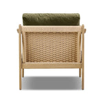 Tapered legs and sloped paddle arms frame the visible joinery and handwoven rope details of this accent chair, for a monochromatic yet visually intriguing frame. Finished with loose, velvet-upholstered seat and back cushions in a rich olive hue — for a subtle color contrast that celebrates the natural beauty of each material Amethyst Home provides interior design, new home construction design consulting, vintage area rugs, and lighting in the Houston metro area.