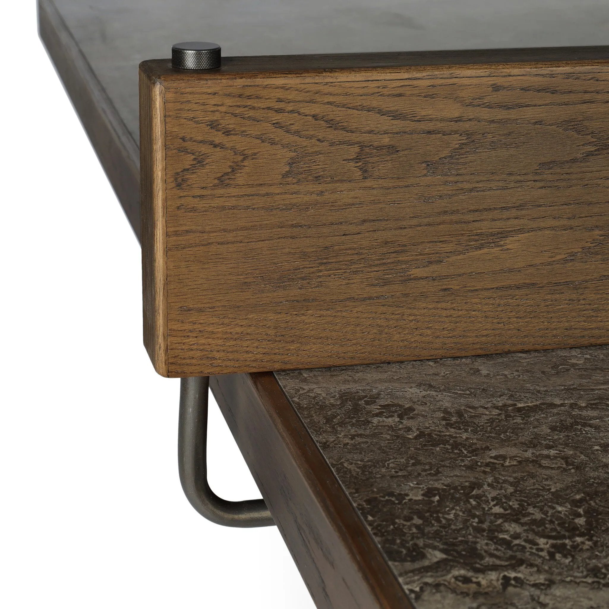 Fun meets flexibility. Two large slabs of warm grey marble, framed in rich oak, join together and sit atop the minimalist plinth bases of this dual-purpose ping pong table. The wooden "net" fastens to the table with custom gunmetal clamps, which can be easily removed for a dining table that seats 12 Amethyst Home provides interior design, new home construction design consulting, vintage area rugs, and lighting in the Houston metro area.