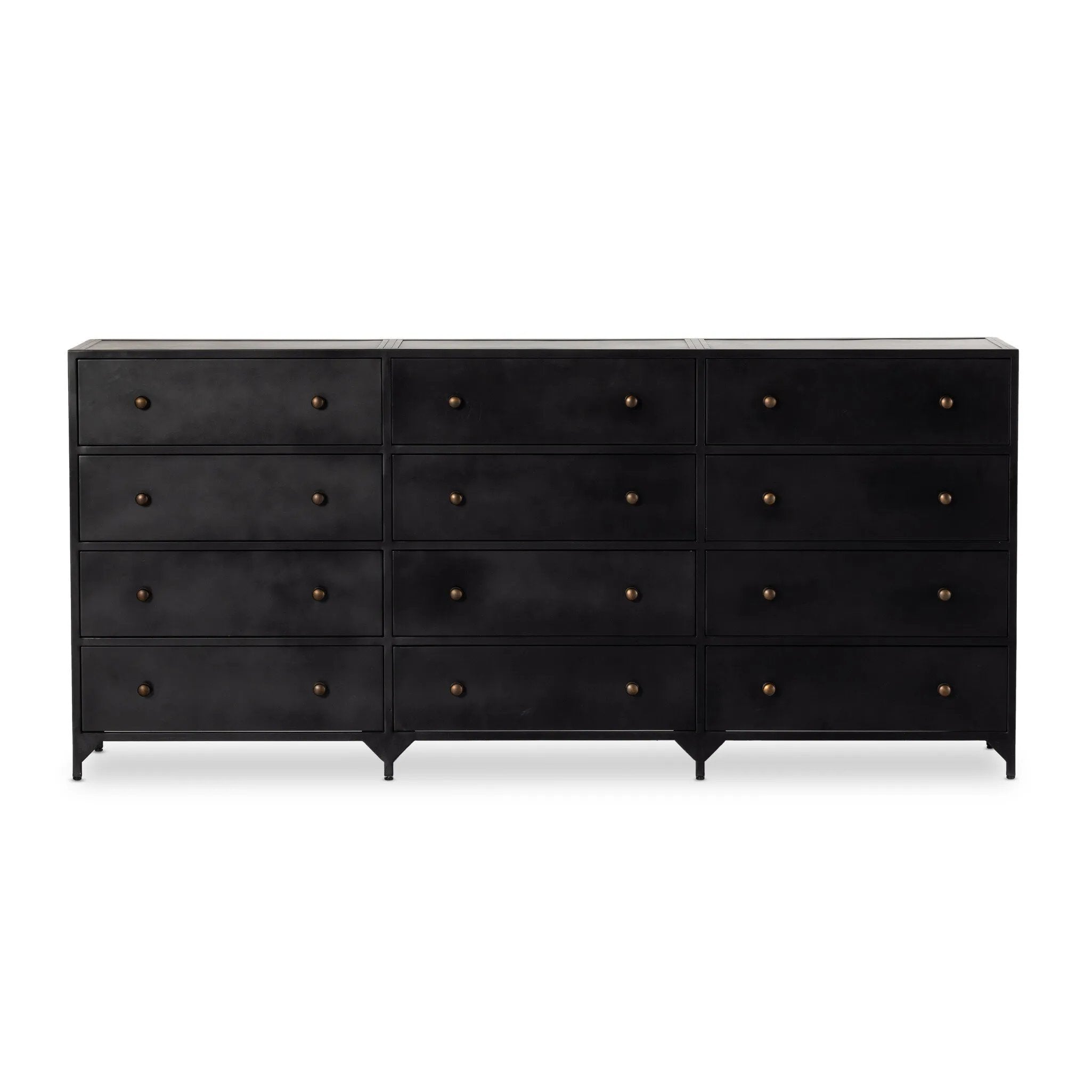 Featuring Belmont Black 12 Drawer Dresser by Four Hands at Amethyst Home. Industrial-inspired, black-finished iron forms a wide and roomy twelve-drawer dresser, with bronzed knobs for contrast.Overall Dimensions: 85.00"w x 19.75"d x 38.50"hWeight : 401.24 lbsMaterials : Iron. Amethyst Home provides interior design, new home construction design consulting, vintage area rugs, and lighting in the Austin metro area.