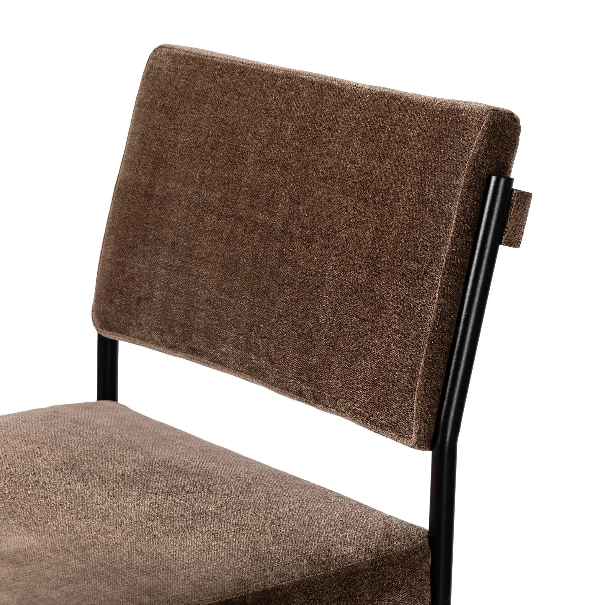 Simple and streamlined with thoughtful details. Slim, black-finished iron frame with solid oak decking, plus black top-grain leather seating for modernity. A stylish staple for any counter Amethyst Home provides interior design, new home construction design consulting, vintage area rugs, and lighting in the Austin metro area.