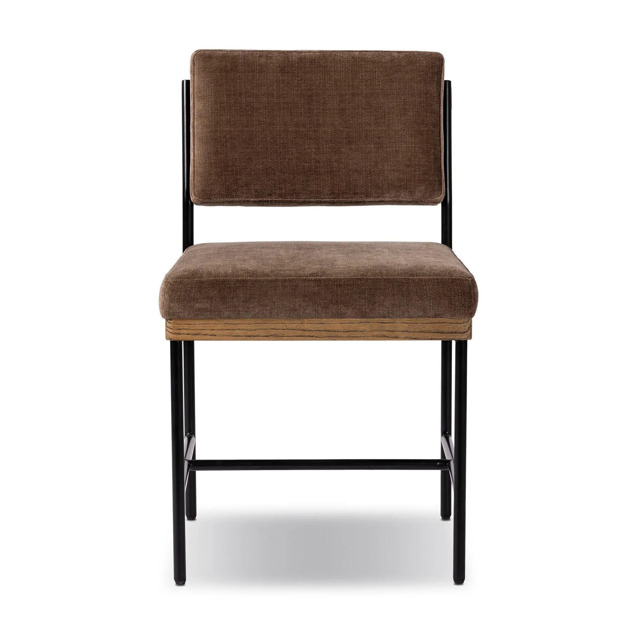 Bring a luxe, modern look to the table. Slim, black-finished iron forms an airy frame for black top-grain leather, with solid oak decking for an eye-catching material mix Amethyst Home provides interior design, new home construction design consulting, vintage area rugs, and lighting in the Dallas metro area.