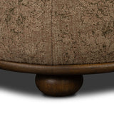 For an extra seat or propped feet, this welcoming ottoman features a subtly tapered shape and a rounded base with bun feet beneath. Crafted from almond-finished oak and upholstered with a linen blend fabric that features a beautiful damask pattern Amethyst Home provides interior design, new home construction design consulting, vintage area rugs, and lighting in the Scottsdale metro area.