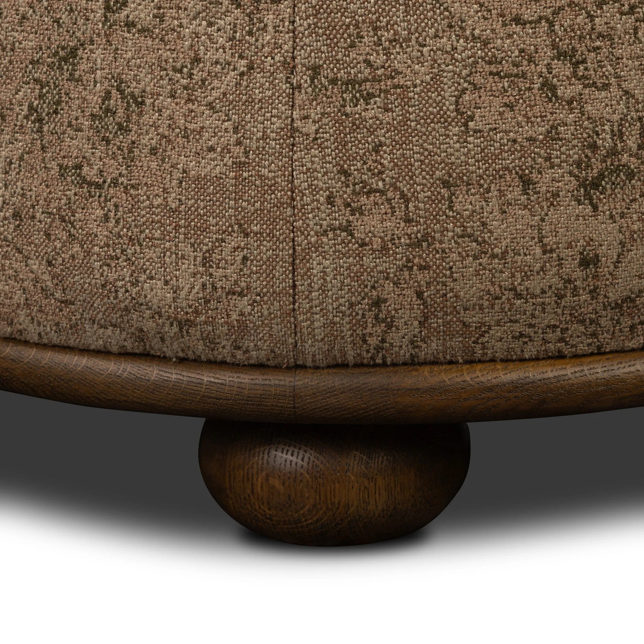 For an extra seat or propped feet, this welcoming ottoman features a subtly tapered shape and a rounded base with bun feet beneath. Crafted from almond-finished oak and upholstered with a linen blend fabric that features a beautiful damask pattern Amethyst Home provides interior design, new home construction design consulting, vintage area rugs, and lighting in the Scottsdale metro area.