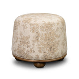 For an extra seat or propped feet, this welcoming ottoman features a subtly tapered shape and a rounded base with bun feet beneath. Crafted from solid worn oak and upholstered with a linen blend fabric that features a beautiful damask pattern Amethyst Home provides interior design, new home construction design consulting, vintage area rugs, and lighting in the Washington metro area.