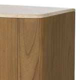 Fluid contours give shape to this solid mindi media console, topped with a creamy marbled top. Two doors with knobbed pulls and three drawers open to spacious storage Amethyst Home provides interior design, new home construction design consulting, vintage area rugs, and lighting in the Nashville metro area.