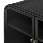 Bring a classic look to media storage with a console of black-finished iron, featuring simple bronzed hardware. Rear cutouts keep cords out of sight Amethyst Home provides interior design, new home construction design consulting, vintage area rugs, and lighting in the Calabasas metro area.