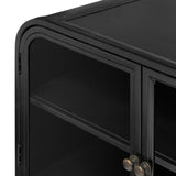 Bring a classic look to media storage with a console of black-finished iron, featuring simple bronzed hardware. Rear cutouts keep cords out of sight Amethyst Home provides interior design, new home construction design consulting, vintage area rugs, and lighting in the Calabasas metro area.