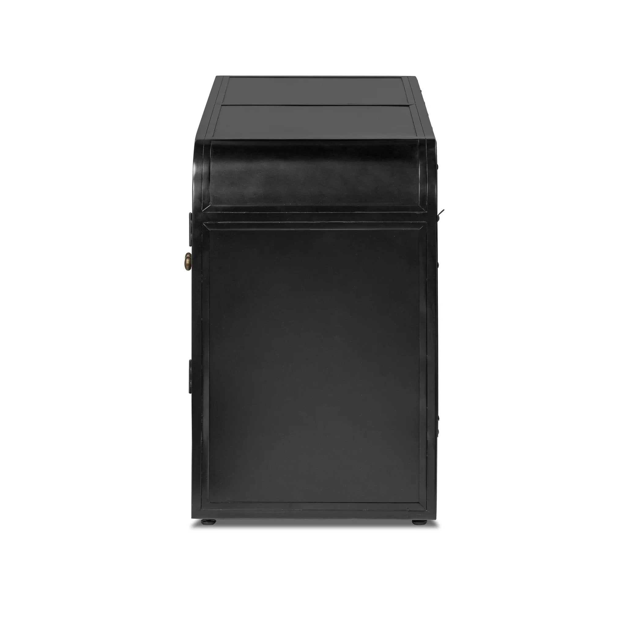 Bring a classic look to media storage with a console of black-finished iron, featuring simple bronzed hardware. Rear cutouts keep cords out of sight Amethyst Home provides interior design, new home construction design consulting, vintage area rugs, and lighting in the Monterey metro area.