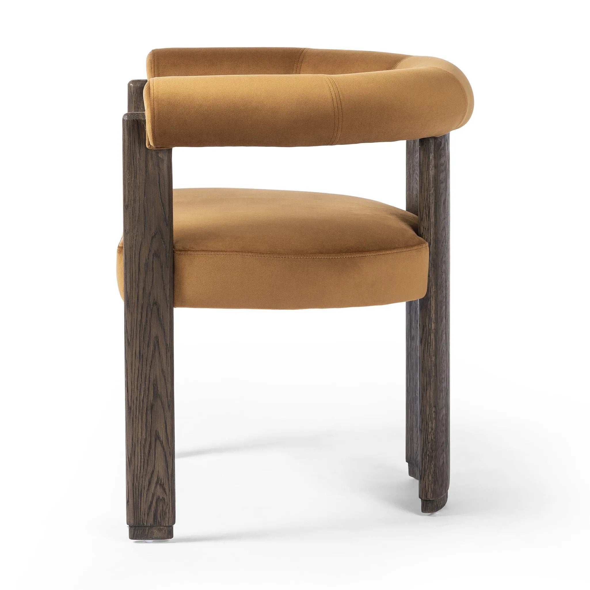 Featuring Canon Stax Rust Dining Chair by Four Hands at Amethyst Home. For a confident mix of soft curves and clean lines, this three-leg dining chair pairs a solid oak frame and low barrel back with rich, rust-colored upholstery.Overall Dimensions: 29.00"w x 23.25"d x 29.75"hWeight : 35.27 lbsMaterials : 100% Polyester, Solid Oak. Amethyst Home provides interior design, new home construction design consulting, vintage area rugs, and lighting in the Dallas metro area.