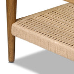 Anchor your space with mixed materials. Made from brown oak, natural paper cord and tempered glass, with shelving for extra storage and display Amethyst Home provides interior design, new home construction design consulting, vintage area rugs, and lighting in the Miami metro area.