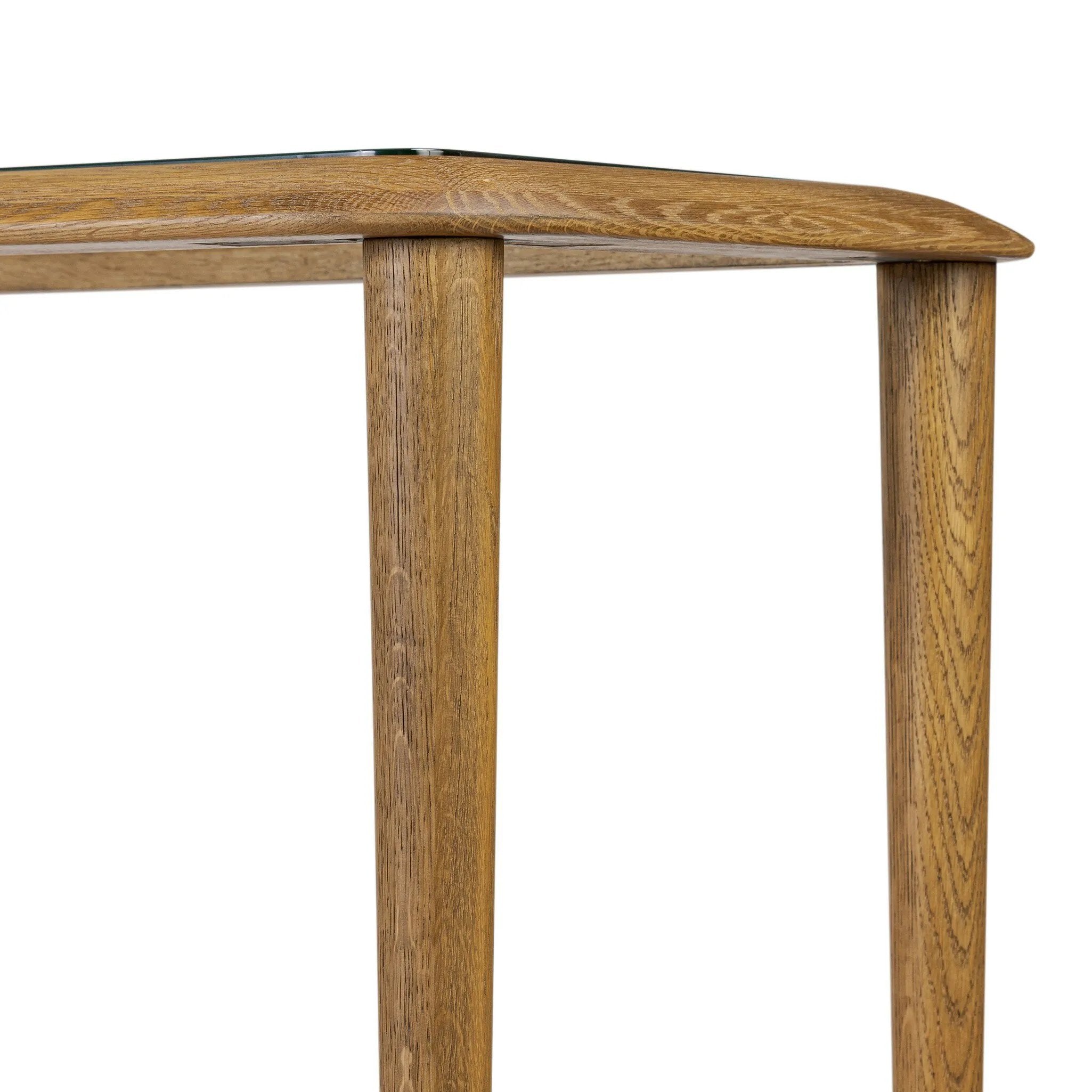 Made from brown oak, woven paper cord and tempered glass, an open-style console works into any space or style with ease, thanks to its beautifully versatile design Amethyst Home provides interior design, new home construction design consulting, vintage area rugs, and lighting in the Alpharetta metro area.