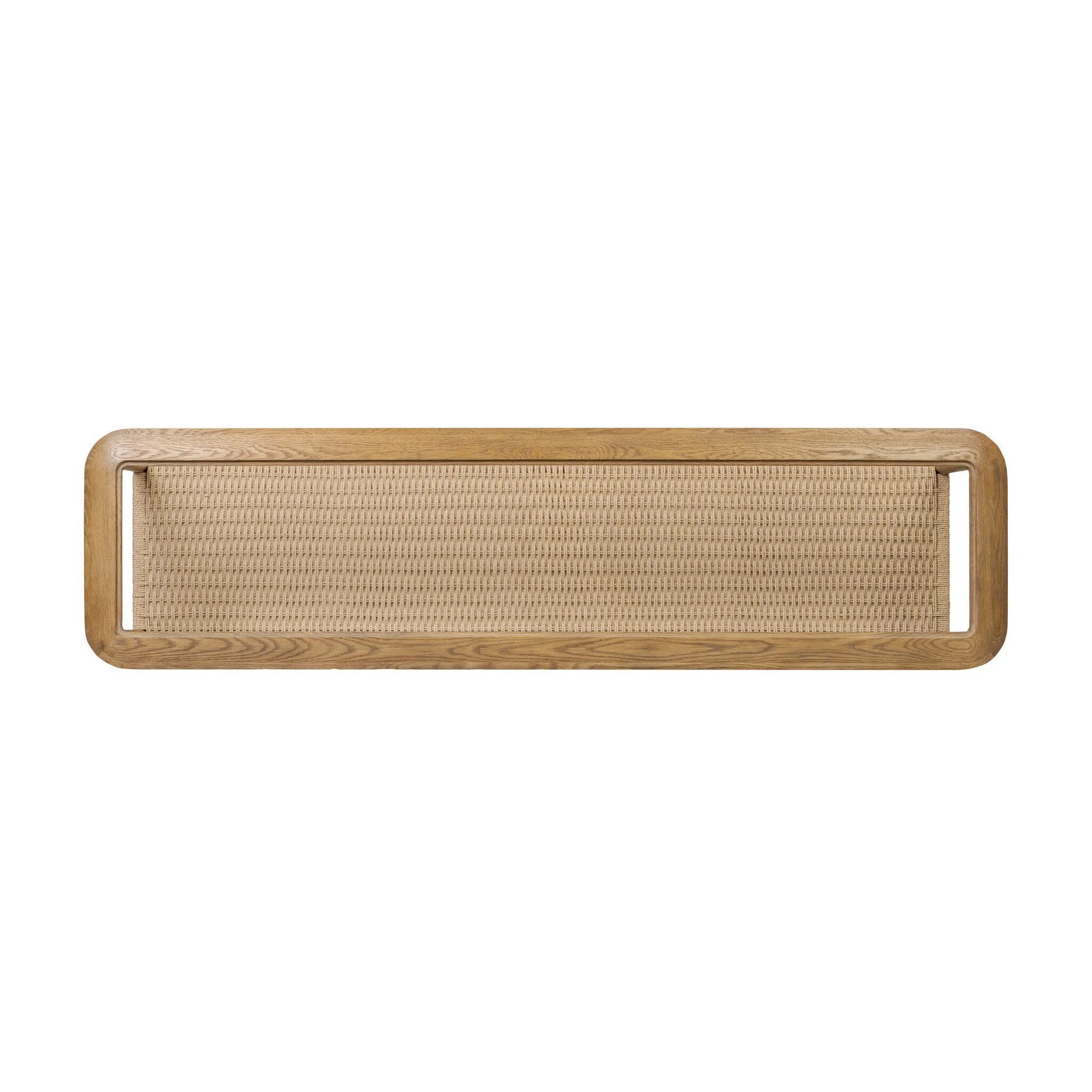 Made from brown oak, woven paper cord and tempered glass, an open-style console works into any space or style with ease, thanks to its beautifully versatile design Amethyst Home provides interior design, new home construction design consulting, vintage area rugs, and lighting in the Nashville metro area.