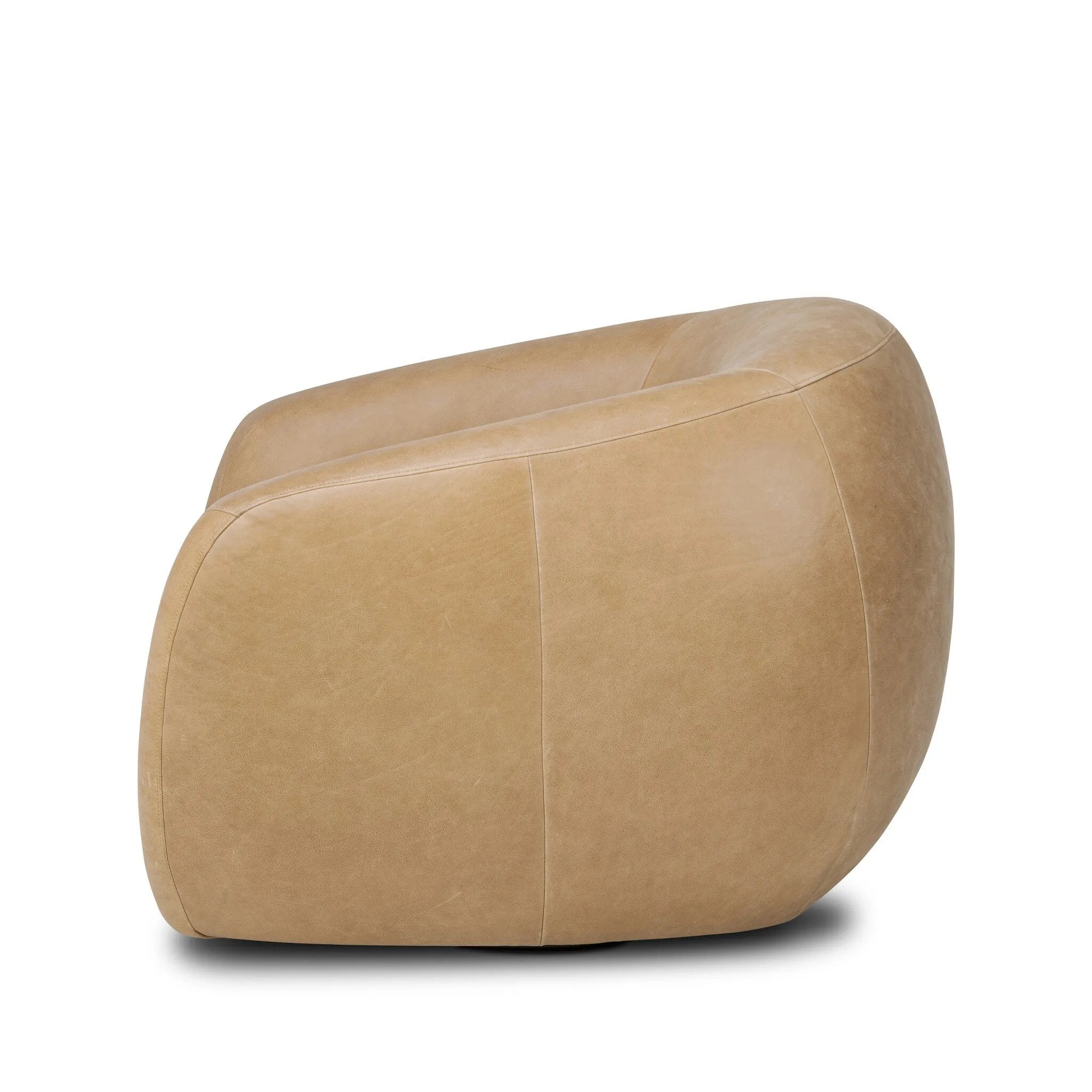 Meet modern comfort. Clean curves, impeccable tailoring and taupe top-grain leather with a pronounced grain bring an elevated, European-inspired look to this swivel chair Amethyst Home provides interior design, new home construction design consulting, vintage area rugs, and lighting in the Houston metro area.