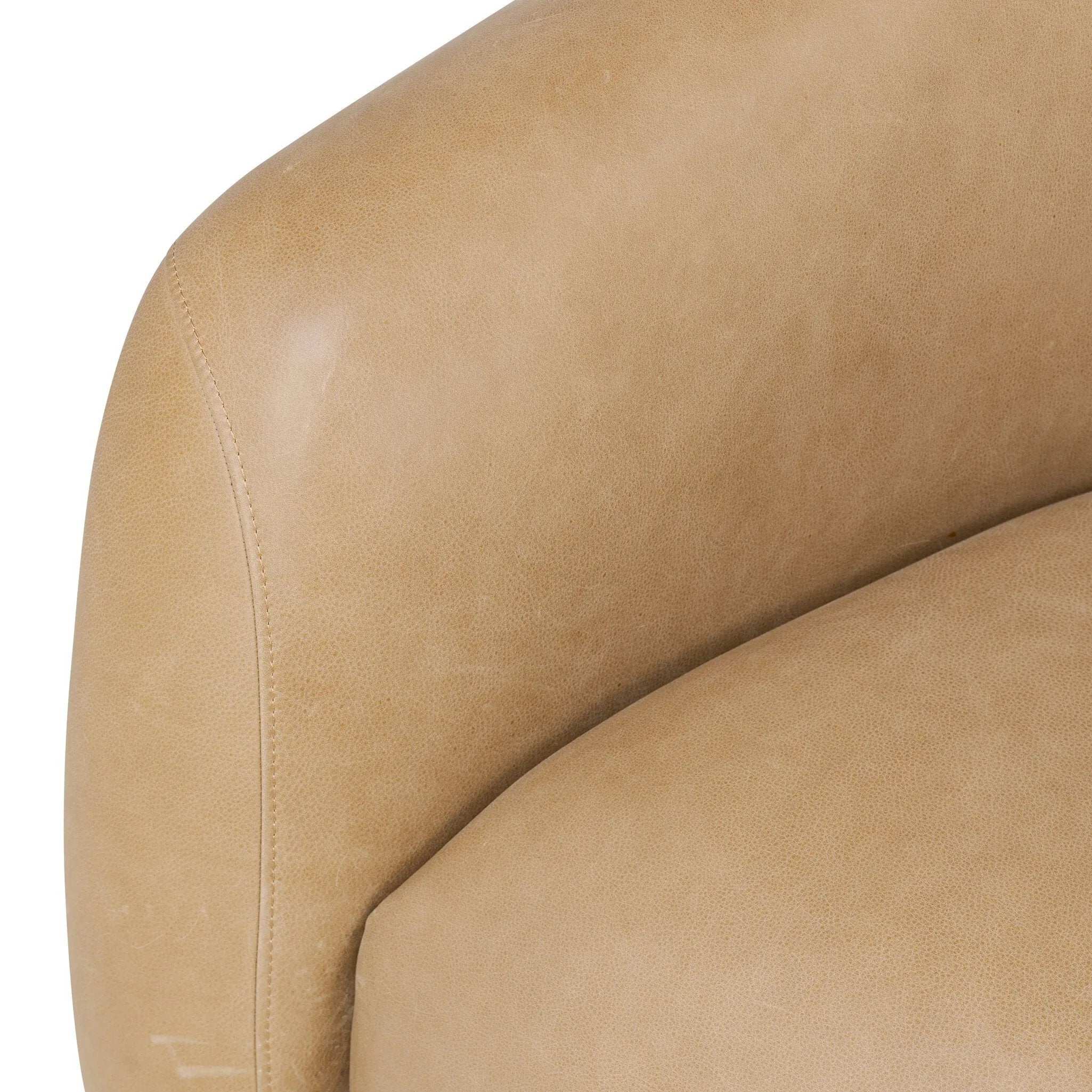 Meet modern comfort. Clean curves, impeccable tailoring and taupe top-grain leather with a pronounced grain bring an elevated, European-inspired look to this swivel chair Amethyst Home provides interior design, new home construction design consulting, vintage area rugs, and lighting in the Scottsdale metro area.
