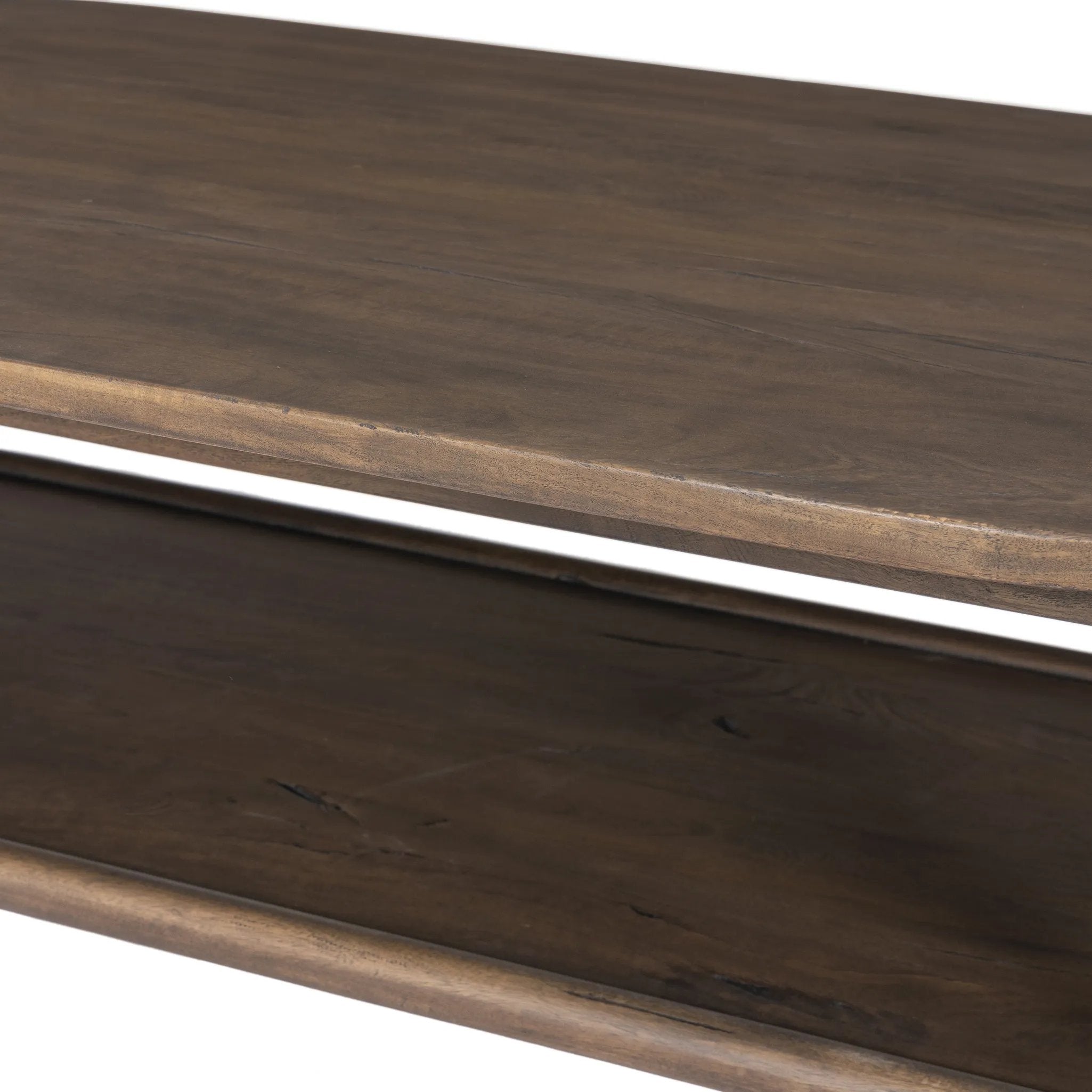 Crafted from brown reclaimed wood enriched with natural antiquing. A rounded bullnose edge and the lower shelf add functionality, while the round ball details provide a crafted finish. A design collaboration by Amber Lewis and Four Hands. This item has limited online distribution and may not be sold on websites without prior approval. Amethyst Home provides interior design, new home construction design consulting, vintage area rugs, and lighting in the Los Angeles metro area.