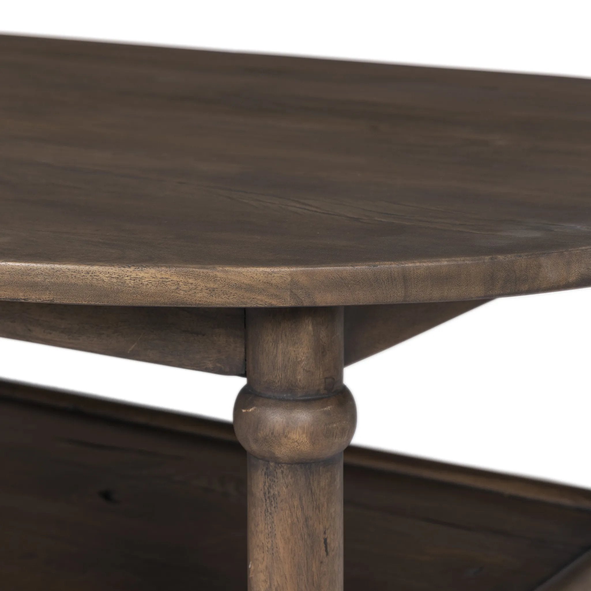 Crafted from brown reclaimed wood enriched with natural antiquing. A rounded bullnose edge and the lower shelf add functionality, while the round ball details provide a crafted finish. A design collaboration by Amber Lewis and Four Hands. This item has limited online distribution and may not be sold on websites without prior approval. Amethyst Home provides interior design, new home construction design consulting, vintage area rugs, and lighting in the Miami metro area.