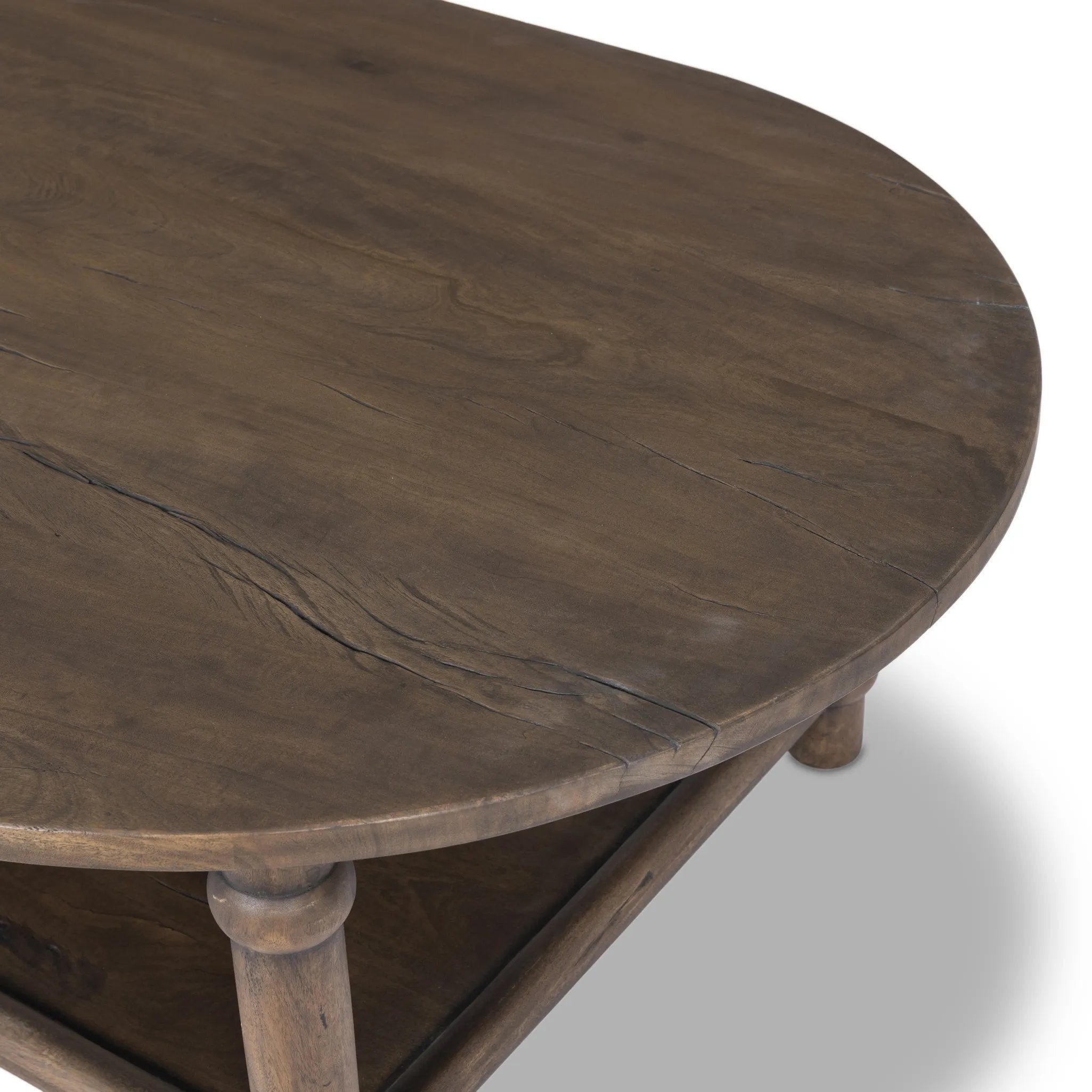 Crafted from brown reclaimed wood enriched with natural antiquing. A rounded bullnose edge and the lower shelf add functionality, while the round ball details provide a crafted finish. A design collaboration by Amber Lewis and Four Hands. This item has limited online distribution and may not be sold on websites without prior approval. Amethyst Home provides interior design, new home construction design consulting, vintage area rugs, and lighting in the Nashville metro area.