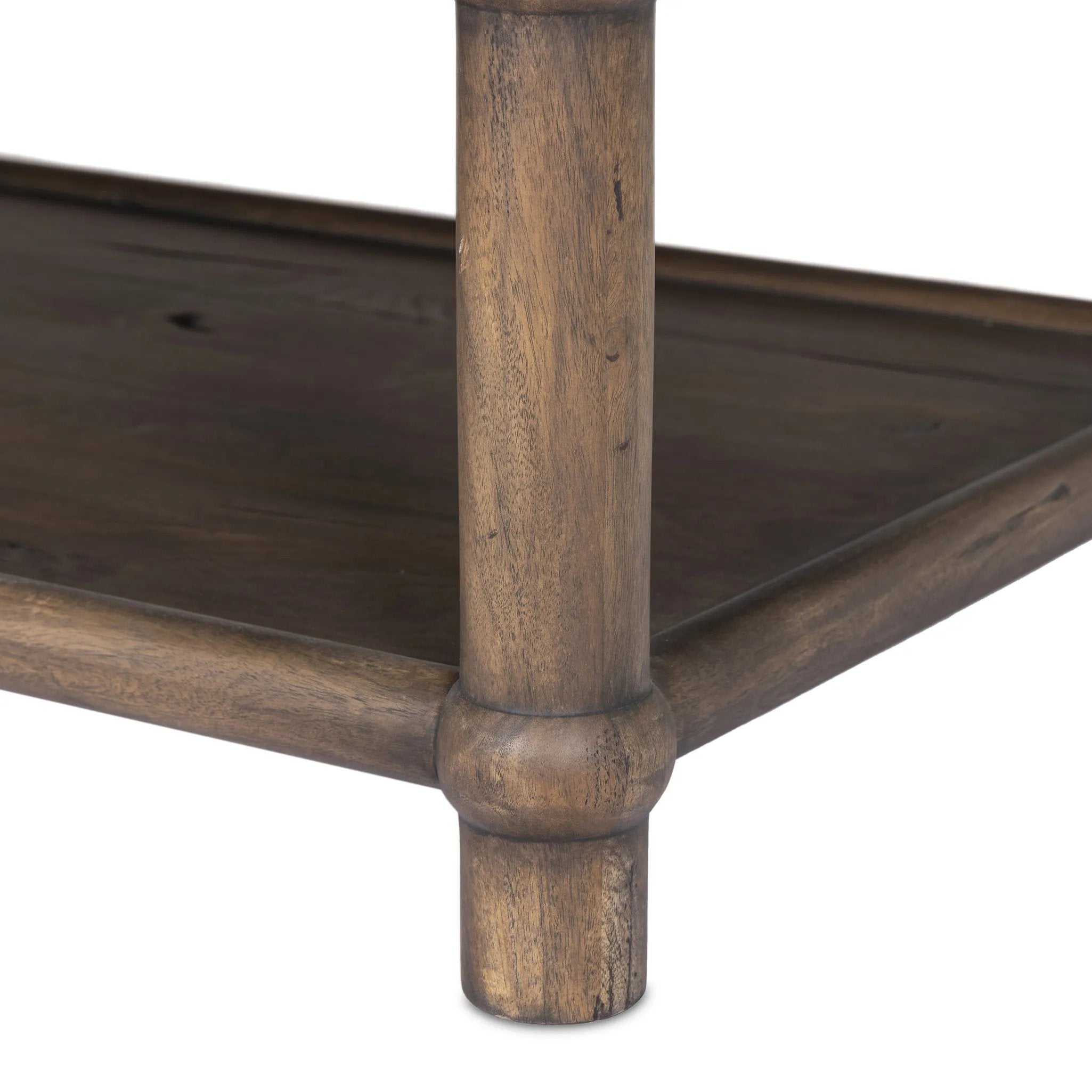 Crafted from brown reclaimed wood enriched with natural antiquing. A rounded bullnose edge and the lower shelf add functionality, while the round ball details provide a crafted finish. A design collaboration by Amber Lewis and Four Hands. This item has limited online distribution and may not be sold on websites without prior approval. Amethyst Home provides interior design, new home construction design consulting, vintage area rugs, and lighting in the Portland metro area.
