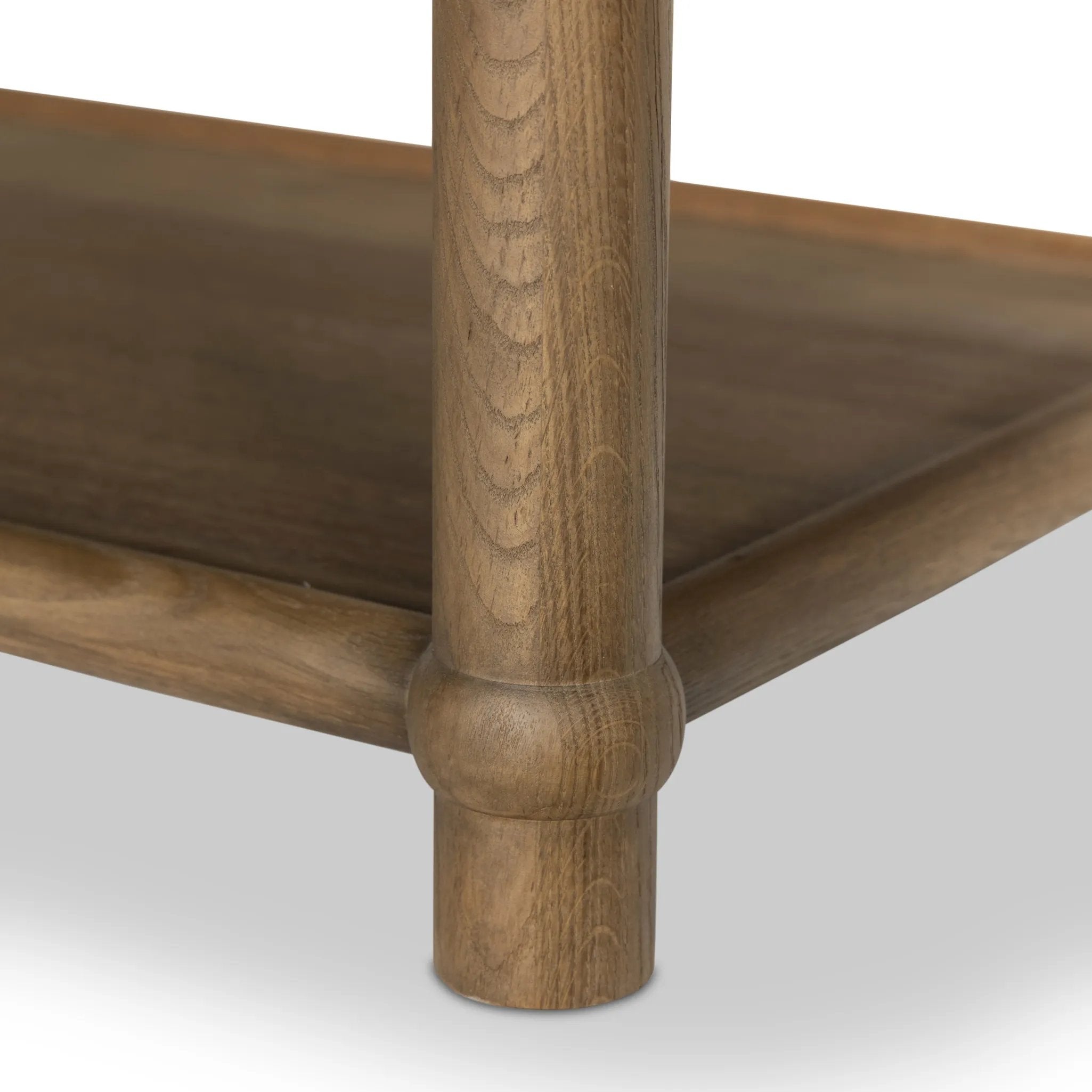 Crafted from warm, natural oak with natural antiquing. A rounded bullnose edge and the lower shelf add functionality, while the round ball details provide a crafted finish. A design collaboration by Amber Lewis and Four Hands. This item has limited online distribution and may not be sold on websites without prior approval. Amethyst Home provides interior design, new home construction design consulting, vintage area rugs, and lighting in the Newport Beach metro area.