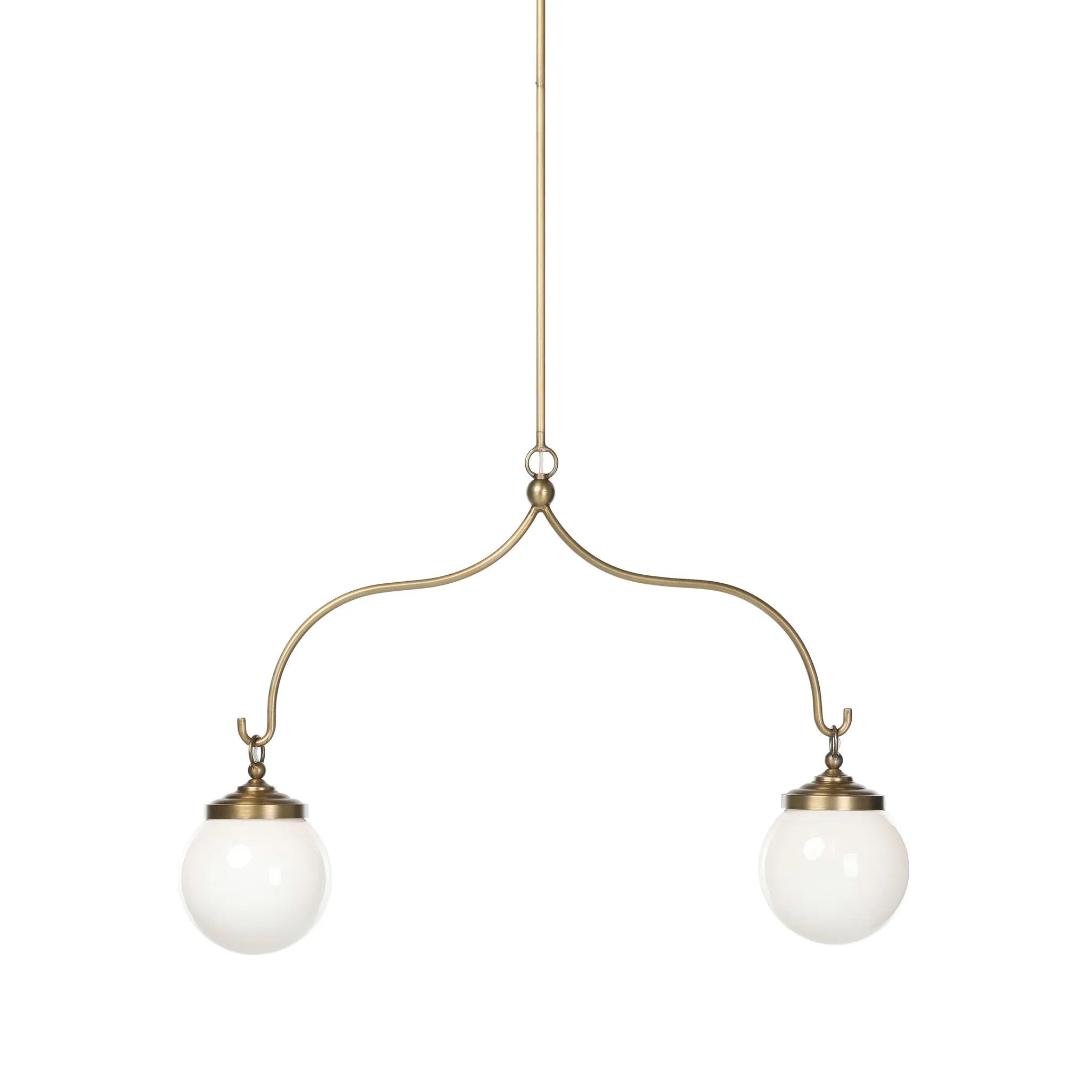 A chandelier inspired by Art Deco, featuring a pair of glass globes suspended from graciously curved iron arms finished in aged brass Amethyst Home provides interior design, new home construction design consulting, vintage area rugs, and lighting in the Calabasas metro area.