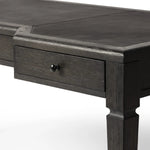 Featuring Claude Distressed Black Oak Veneer Desk by Four Hands at Amethyst Home. This refreshed directoire-style desk pairs a 100% top-grain leather inset top with a unique reverse breakfront and recessed center drawer. Finished in distressed black oak, it offers the workspace a classic yet updated feel.
Overall Dimensions: 28.0" L x 68.0 " W x 30.0" H
Mat. Amethyst Home provides interior design, new home construction design consulting, vintage area rugs, and lighting in the Nashville metro area.