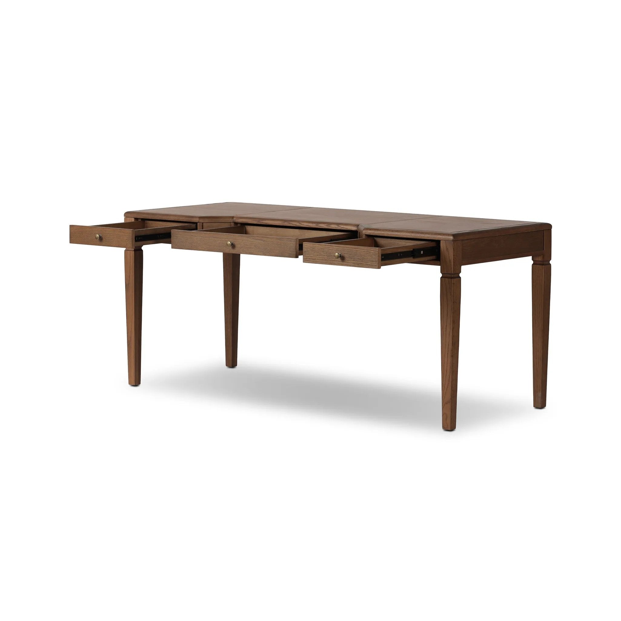 Featuring Claude Tan Oak Veneer Desk by Four Hands at Amethyst Home. Overall Dimensions: 68.00"w x 28.00"d x 30.00"hWeight : 132.28 lbsMaterials: Oak Veneer, Top Grain Leather, Solid Oak. Amethyst Home provides interior design, new home construction design consulting, vintage area rugs, and lighting in the Kansas City metro area.