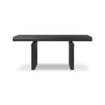 Bring a beautifully contoured look to your workspace with a desk inspired by Italian postmodernism. Connected by iron brackets, a dual-panel base supports a spacious tabletop of worn black oak, crafting a float-like look. Four drawers keep frequently used items within reach Amethyst Home provides interior design, new home construction design consulting, vintage area rugs, and lighting in the Calabasas metro area.