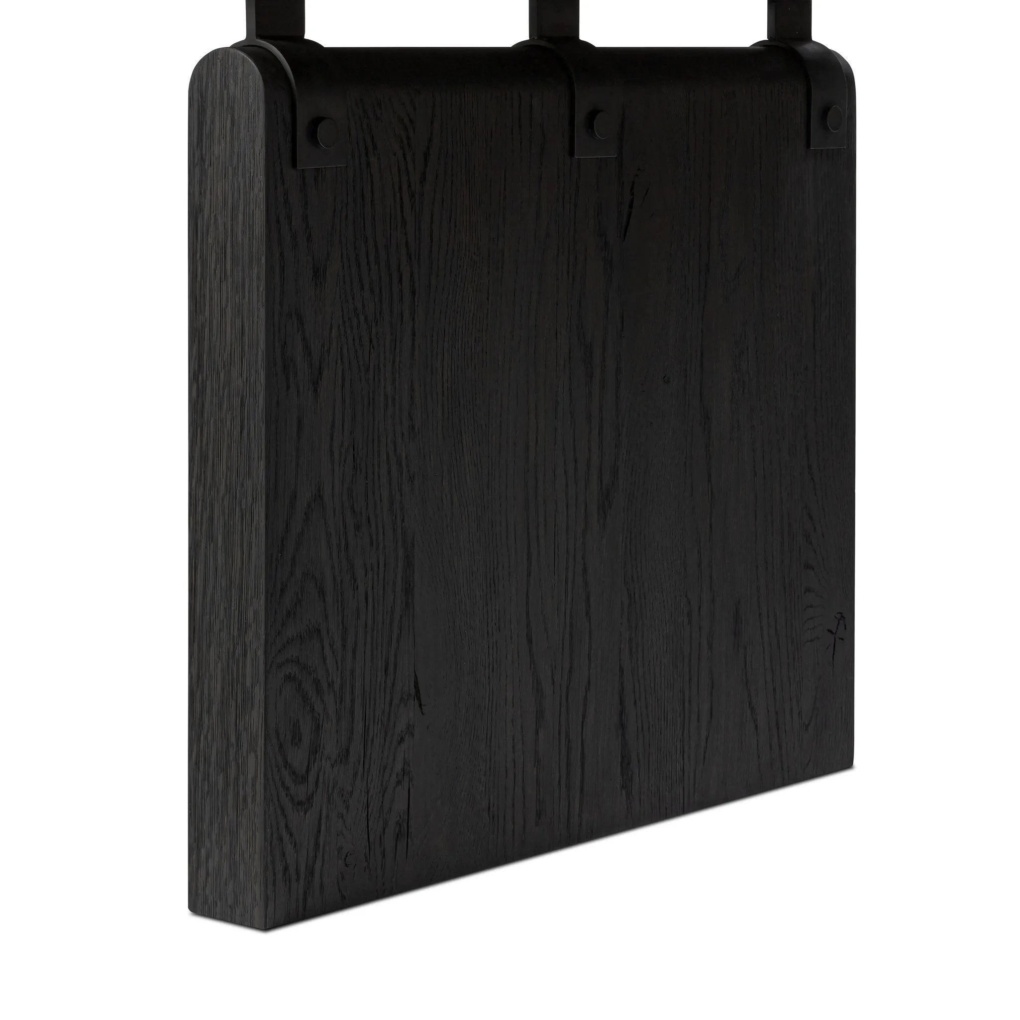 Bring a beautifully contoured look to your workspace with a desk inspired by Italian postmodernism. Connected by iron brackets, a dual-panel base supports a spacious tabletop of worn black oak, crafting a float-like look. Four drawers keep frequently used items within reach Amethyst Home provides interior design, new home construction design consulting, vintage area rugs, and lighting in the Portland metro area.