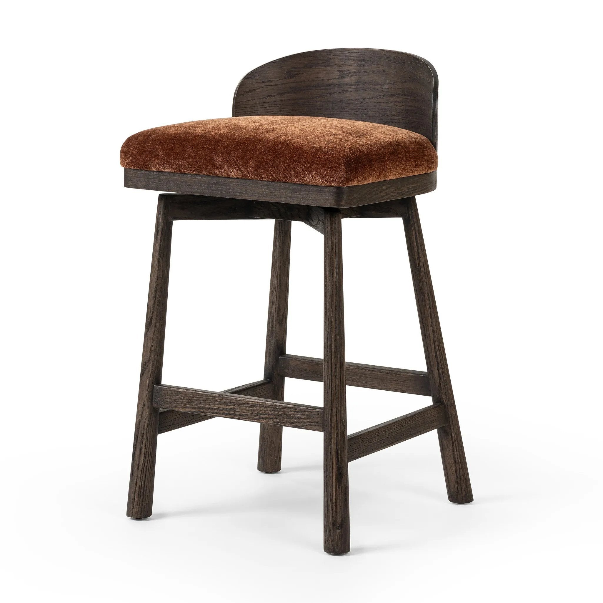 Featuring Cloris Altair Sienna Swivel Bar + Counter Stool by Four Hands at Amethyst Home. Channel vintage vibes with a swivel stool perfectly sized for the bar. Crafted of dark-finished oak, a low, molded back adds a playful touch, while an upholstered seat offers comfort and color. Finished off with a memory swivel to ensure the stool's curved wood back st. Amethyst Home provides interior design, new home construction design consulting, vintage area rugs, and lighting in the Park City metro area.