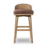 Featuring Cloris Palermo Cigar Swivel Bar + Counter Stool by Four Hands at Amethyst Home. Channel vintage vibes with a swivel stool perfectly sized for the bar. Crafted of blonde-finished oak, a low, molded back adds a playful touch, while a top-grain leather seat offers luxe comfort. Finished off with a memory swivel to ensure the stool's curved wood back sta. Amethyst Home provides interior design, new home construction design consulting, vintage area rugs, and lighting in the Dallas metro area.