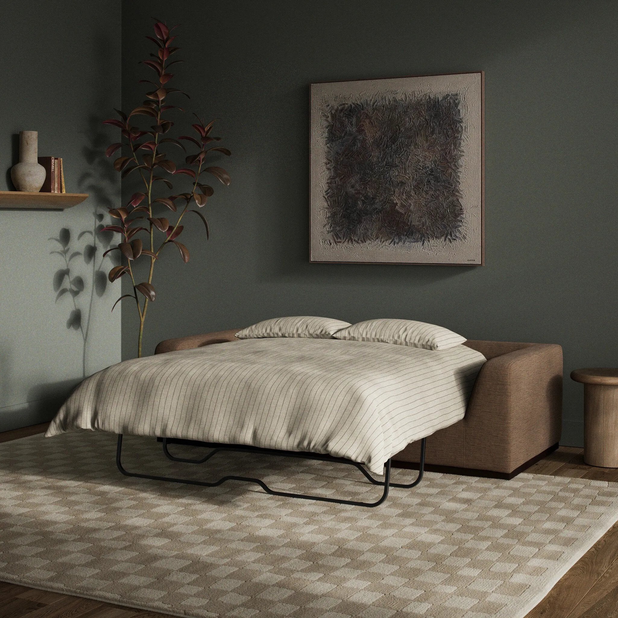 A simply styled sofa with a convenient queen-size pullout bed for guests. Upholstered in Crypton® performance fabric, specially engineered for protection against stains, moisture and odor. Due to the customized nature of made-to-order pieces, no cancellations or returns are accepted Amethyst Home provides interior design, new home construction design consulting, vintage area rugs, and lighting in the Charlotte metro area.